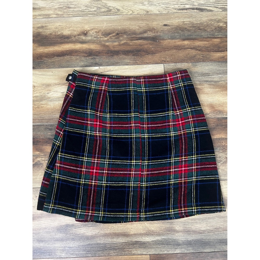 Alya Plaid Mini Wrap Skirt Red Green Navy Tartan Snap Ring Detail Womens Medium - Picture 3 of 8
